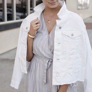 White Cropped Destructed Stretch Denim Jean Jacket